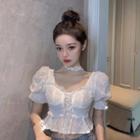 Puff-sleeve Ruffle Trim Lace Cropped Top
