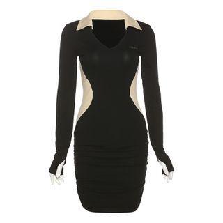 V-neck Color Panel Long-sleeve Mini Bodycon Dress
