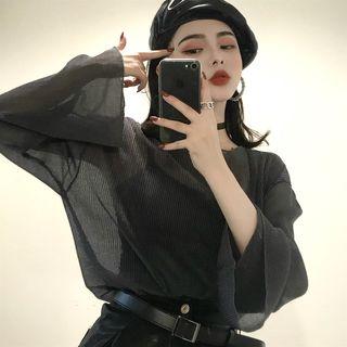 Set: See-through Bell-sleeve Loose-fit Top + Camisole Top As Figure - One Size