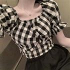 Puff-sleeve Plaid Twisted Blouse / High-waist Loose-fit Plain Shorts