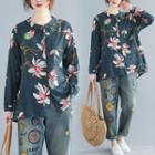Long-sleeve Floral Blouse Grayish Blue - One Size