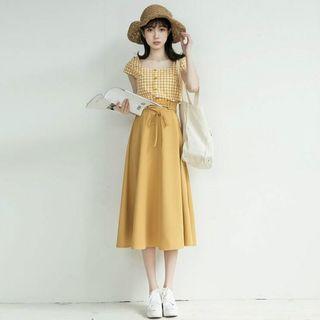 Set: Check Sleeveless Top + Midi A-line Skirt