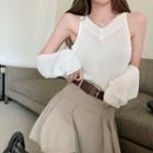 Long-sleeve V-neck Cold-shoulder Plain Knit Top / High-waist Plain Pleated Skirt (various Design)