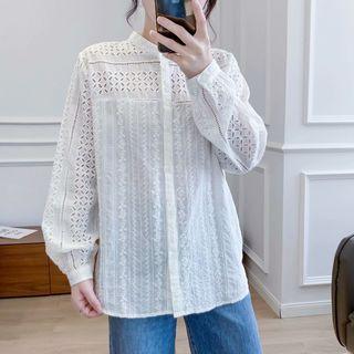 Stand-collar Lantern-sleeve Cut-out Shirt