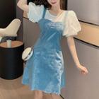 Lantern-sleeve Blouse / Denim Mini A-line Overall Dress
