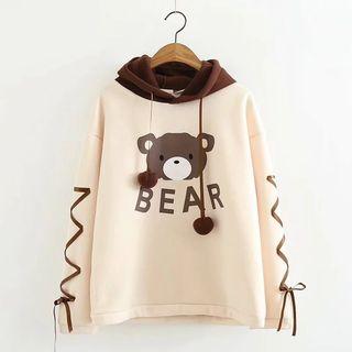 Bear Print Hoodie Khaki - One Size