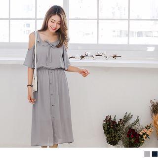 Elbow Sleeve Cold Shoulder Ruffled Neckline Lace Up A-line Dress
