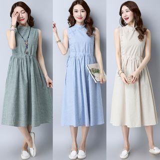 Pinstriped Mandarin Collar Sleeveless Midi Dress