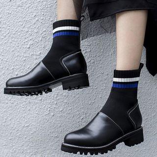 Contrast Stripe Knit Panel Low Heel Short Boots