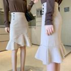 High-waist Ruffle Hem Midi Pencil Skirt