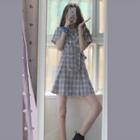Short-sleeve Plaid Double-breasted Mini Blazer Dress