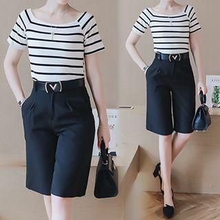Set: Stripe Short-sleeve T-shirt + Wide Leg Shorts
