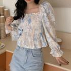Bell-sleeve Square-neck Floral Print Blouse