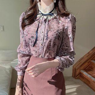 Frill-neck Lace-trim Floral Chiffon Blouse Purple - One Size