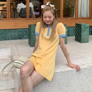 Short-sleeve Polo Collared Contrast Trim Knit Dress