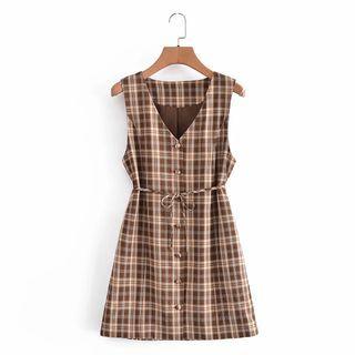 Sleeveless V-neck Plaid Mini A-line Dress