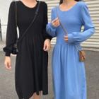 Balloon-sleeve Midi A-line Knit Dress