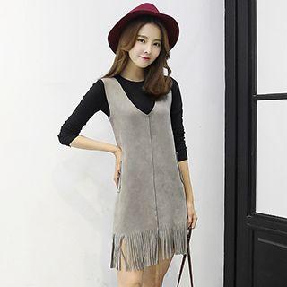 Set: Long Sleeve T-shirt + Fringe Hem Pinafore Dress