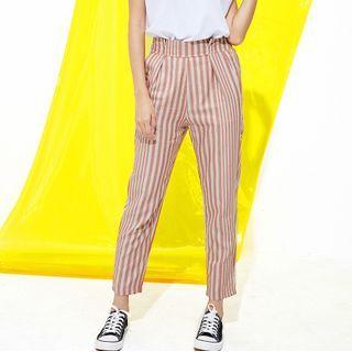 Elastic Waist Striped Straight Leg Crop Pants