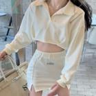 Collared Off-shoulder Long-sleeve Top / High-waist Slit Mini Skirt / High-waist Wide-leg Pants