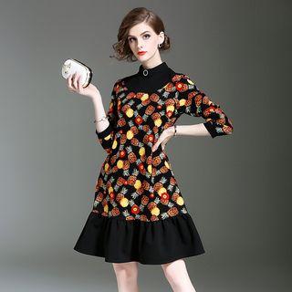 Stand-collar Print Panel Long-sleeve Dress