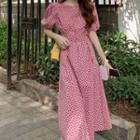 Puff-sleeve Floral Midi A-line Dress Print - Pink - One Size