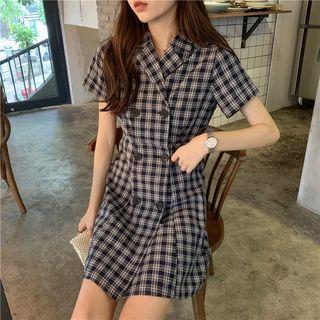 Double Breast Short Sleeve Plaid A-line Dress