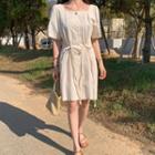 Short-sleeve Square-neck Buttoned A-line Dress