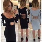 Lettering Ripped Back Long-sleeve Bodycon Dress