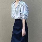 Striped Shirt / Shirred Midi A-line Skirt / Set