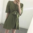 Elbow-sleeve Asymmetric Front Knot A-line Mini Dress Green - One Size
