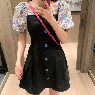 Square-neck Puff-sleeve Floral Dress Black - One Size