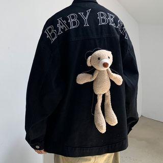 Bear Accent Lettering Denim Jacket