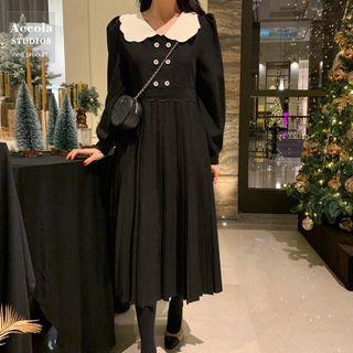 Contrast Collar Pleated Midi A-line Dress