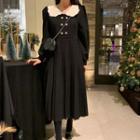 Contrast Collar Pleated Midi A-line Dress