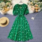 Floral Short-sleeve Button Tie-waist Midi A-line Dress
