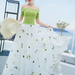 Set: Off-shoulder Short-sleeve Top + Embroidered Maxi Skirt