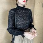 Mock-neck Ruched Long-sleeve Perforated Lace Panel Mesh Top