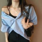 Puff-sleeve V-neck Plain Shirt