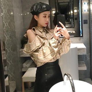 Cold Shoulder Plaid Blouse / Faux Leather A-line Skirt