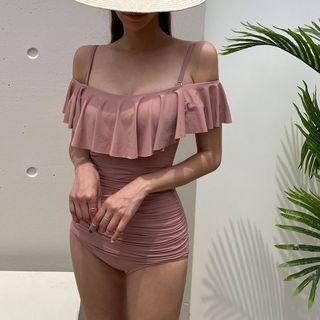 Off-shoulder Ruffle Plain Swimsuit