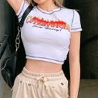 Contrast Stitching Lettering Short-sleeve Cropped T-shirt