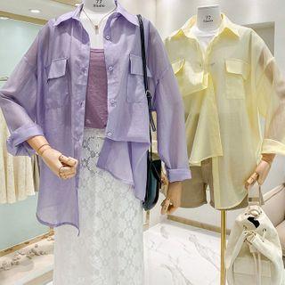 Plain Long-sleeve Flap-pocket Shirt
