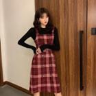 Long-sleeve Top / Plaid Snap-buttoned Jacket / Pinafore Dress