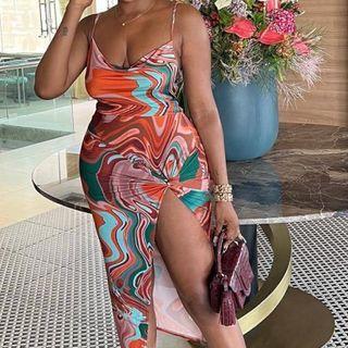 Spaghetti Strap Marble Print Slit Midi Dress
