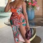 Spaghetti Strap Marble Print Slit Midi Dress