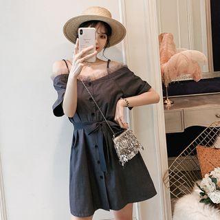 Ruffle Trim Cold-shoulder Tie-waist Mini A-line Dress