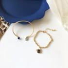 Set : Bear Alloy Open Bangle + Planet Alloy Bracelet Set - Blue & Gold - One Size