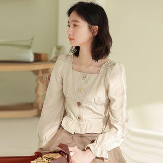 Puff-sleeve Square-neck Top Khaki - One Size