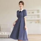 Contrast-collar Stripe Midi Flare Dress With Brooch